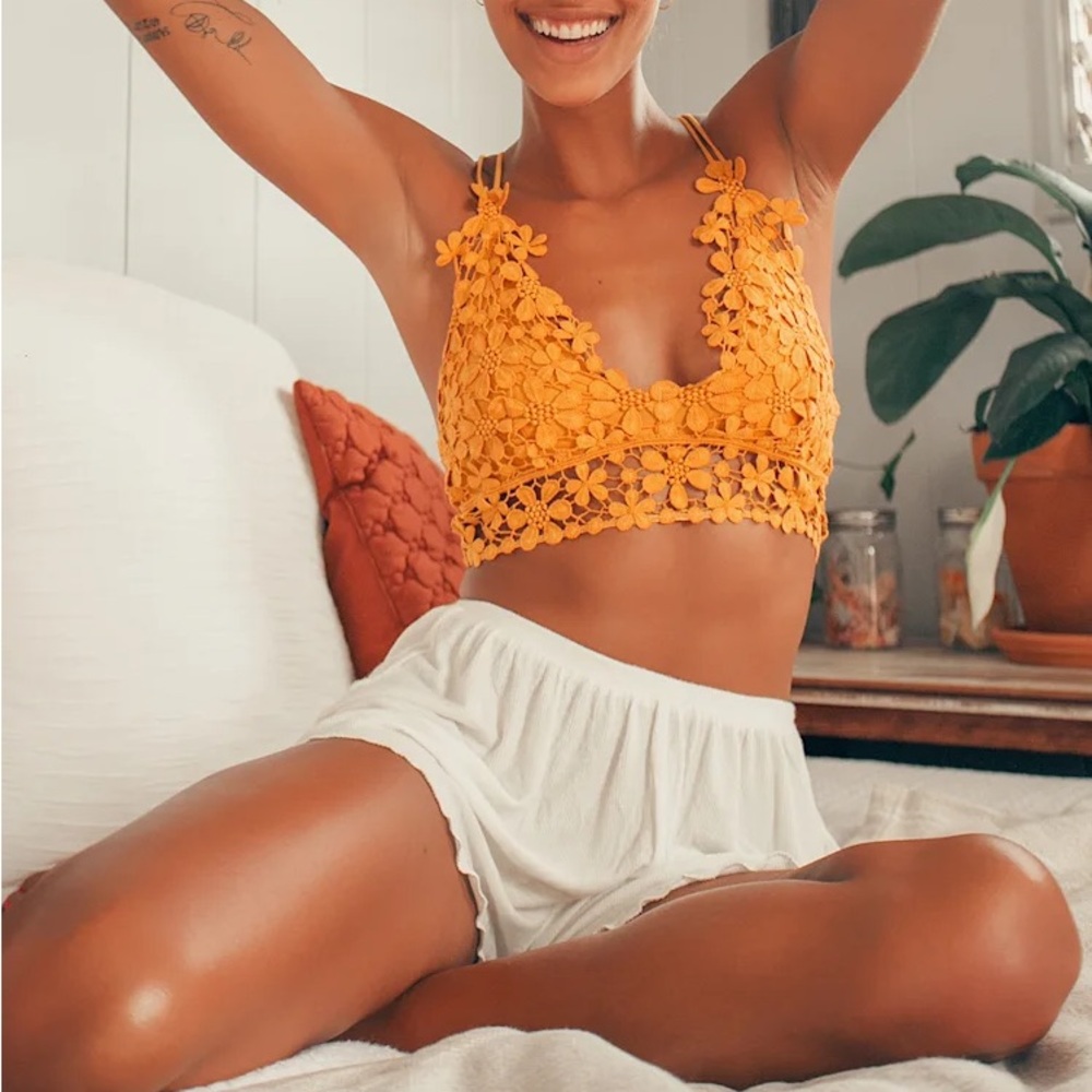 Free People Mustard Floral Lace Crop Top